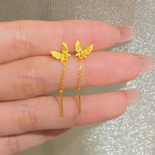 Fat Donglai same style 18K tassel gold earrings new butterfly tassel earrings for women 999 pure gold smart fairy ears yellow l gold butterfly tassel earrings
