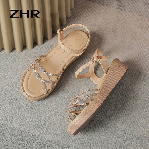 ZHR Keilsandalen für Frauen, dicke Sohlen, Frauenschuhe, schlank und dünn, mit Strasssteinen, bequeme Außenschuhe für Frauen, AY137 Champagner 37
