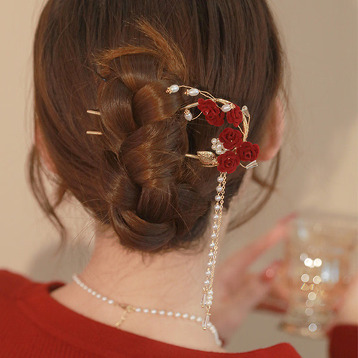 Book millet red rose flower tassel hairpin, high-end U-shaped hairpin for women, ancient style Hanfu cheongsam, hairpin, bride's toasting attire, new Chinese style national style tassel hairpin, gold