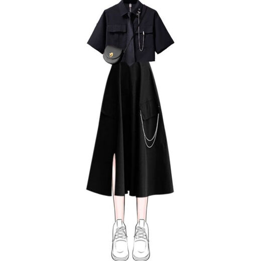 Qimai Korean retro college style girls suit 2023 summer sweet and cool suit female students Korean loose college style lining black shirt + skirt 1389# XL Recommended 125-140Jin [Jin equals 0.5 kg]
