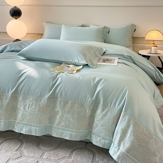 High-end maternal and infant grade Class A 100 count long-staple cotton four-piece floral embroidered quilt cover pure cotton light luxury bedding Class A maternal and infant heavy industry embroidered cotton/Yue-Tianshui Blue 1.8 bed sheet four-piece set-quilt cover 200x230