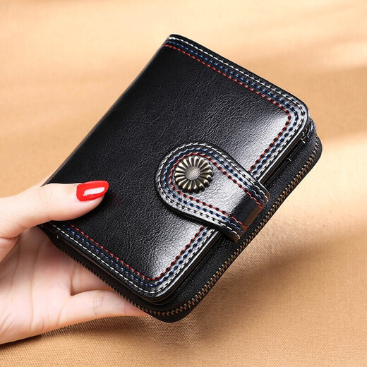 viney cowhide wallet women's short folding zipper wallet multiple card slots large capacity student coin purse light luxury leather wallet card bag