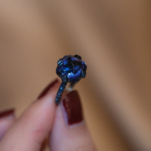 Tanzanite Ring Sugar Tower Female Style Black Gold Dark Blue Zircon Fashionable Creative Ring Opening Adjustable