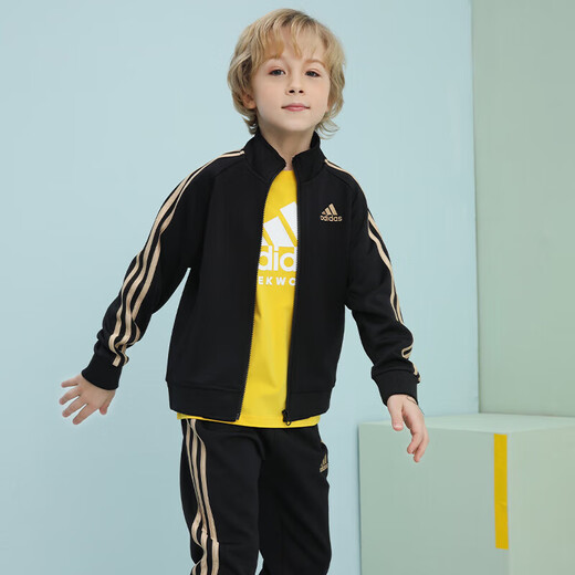 Adidas spring and autumn suit children's sports suit new outdoor casual jacket trousers two-piece set black/gold 140