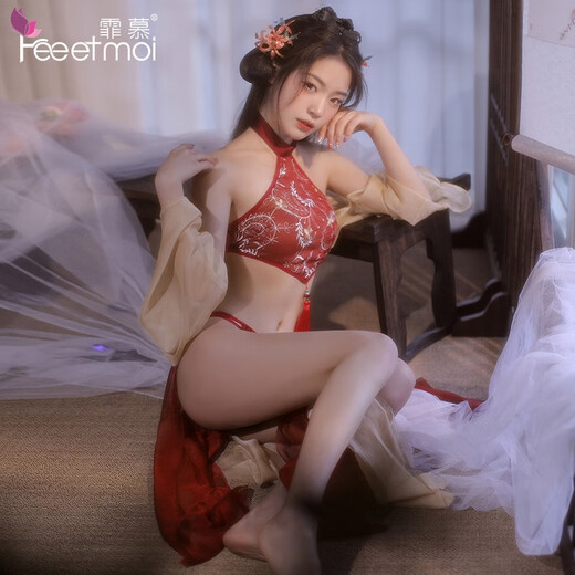 Feimu Gu style Hanfu sex underwear women pure desire dating battle robe sexy pajama uniform set passion bed clothes Xiaoqian [belly band + sleeved silk + piece gauze skirt + T-trousers]