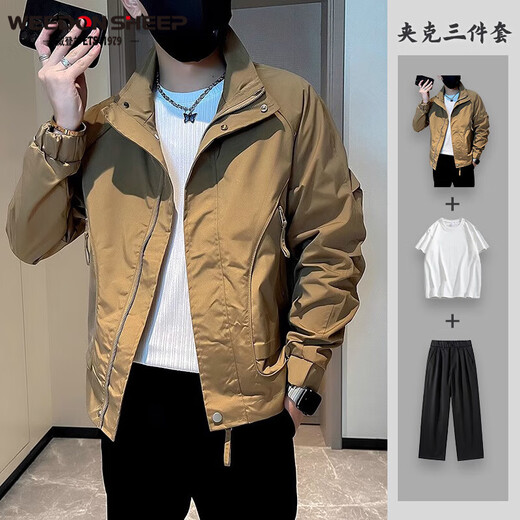 威登羊春秋季新款潮牌工装夹克套装男士韩版潮流百搭休闲上衣服男装外套 卡其外套+白短T+西裤【三件 XL