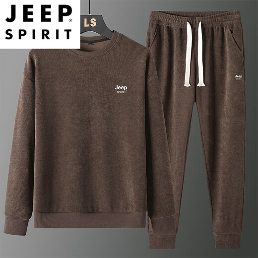 JEEP SPIRIT Men's Sweatshirt Set Spring and Autumn Corduroy Round Neck Loose Large Size Fat Casual Two-Piece Set 12099 Black Top + 12085B Leg Pants M 120Jin [Jin equals 0.5 kg] About
