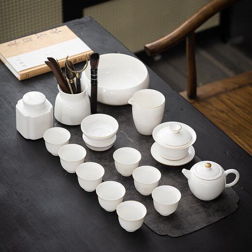 Ice type mutton-fat jade covered bowl Fengming pot Kung Fu tea set home office white porcelain business event gift 11-head Fengming pot mutton-fat jade