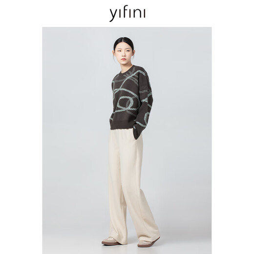 
Yifei (YIFINI) abstract printed jacquard Maillard sweater for women in autumn and winter new versatile warm sweater B10M3937 abstract button rope jacquard S