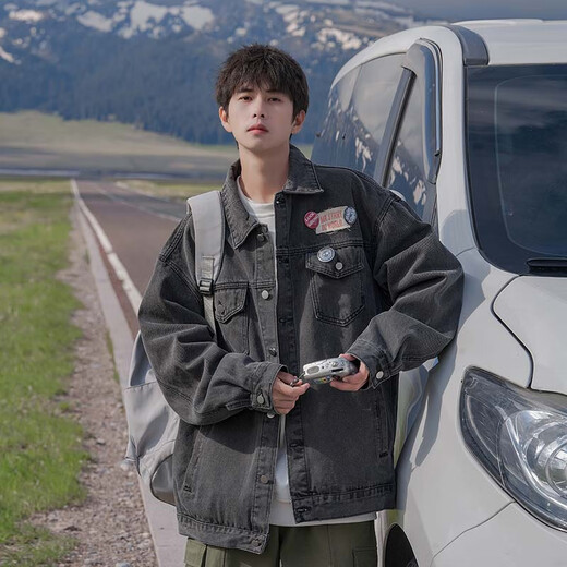 POUM men's joint denim jacket men's autumn new Hong Kong style retro loose casual couple work clothes jacket CRB-2035 black XL