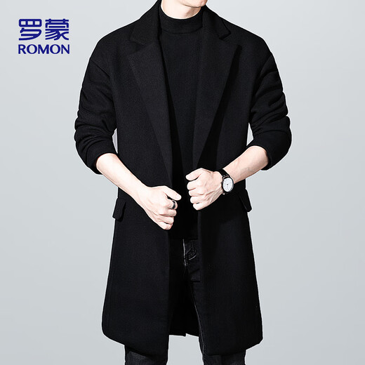 ROMON woolen coat mid-length men's autumn and winter business casual windbreaker men's warm woolen coat 1929 black XL