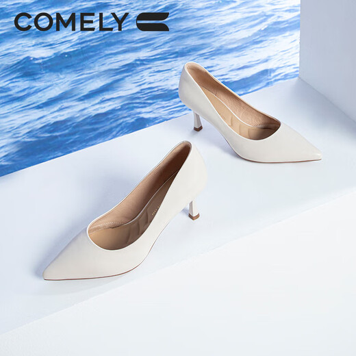 
COMELY single shoes for women's spring thin heel pointed toe high heel sheepskin soft comfortable sole simple professional work shoes off white 38