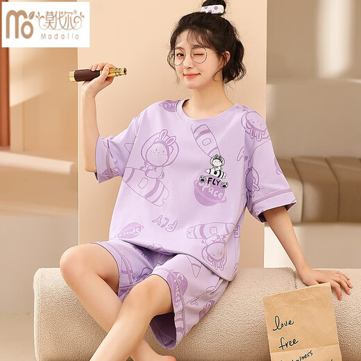 莫代尔初中生睡衣女孩短款夏季纯棉卡通可爱萌短袖分体家居服女大童儿童 情短1392灰格脸女 M