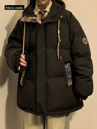 AEMAPE retro winter cotton jacket for men and women bear jacquard splicing hooded jacket trendy brand thick warm boy jacket winter M6636 gray (three-bar cotton jacket) M [Recommended: 90-110Jin [Jin equals about 0.5 kg]]