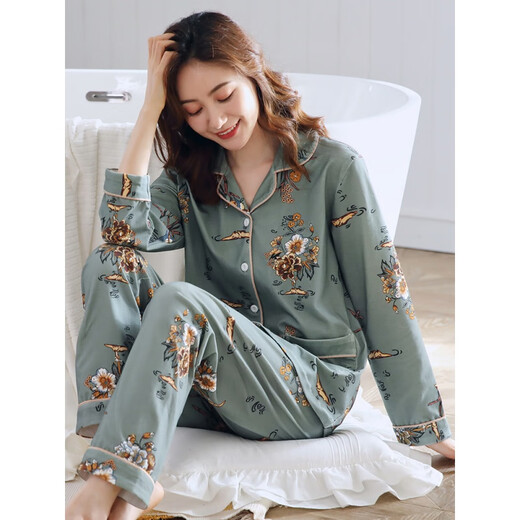 恒源祥（HYX）睡衣女春秋款长袖纯棉中年妈妈秋季全棉女士家居服春夏季薄款套装 XEQ-9276 M (160)