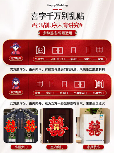 Xikixixi words stickers on the door, special windows for weddings, wedding room decorations, doors, happy living room, large wedding supplies collection, gold edge happy words [2 sheets of simple hot stamping happy words], medium size [security door/unit door]