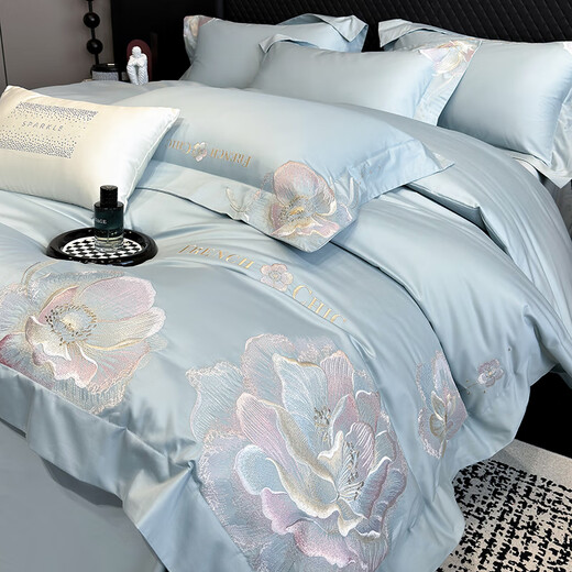 Mercury Series Light Luxury 200 Count Class A Long Staple Cotton Four-piece Set Pure Cotton Skin Friendly Sheets and Quilt Covers European Style Naked Sleeping Cotton Bedding Dell-Starry Blue 1.8 Meter Sheet Style Suitable for Quilt Core 200x230