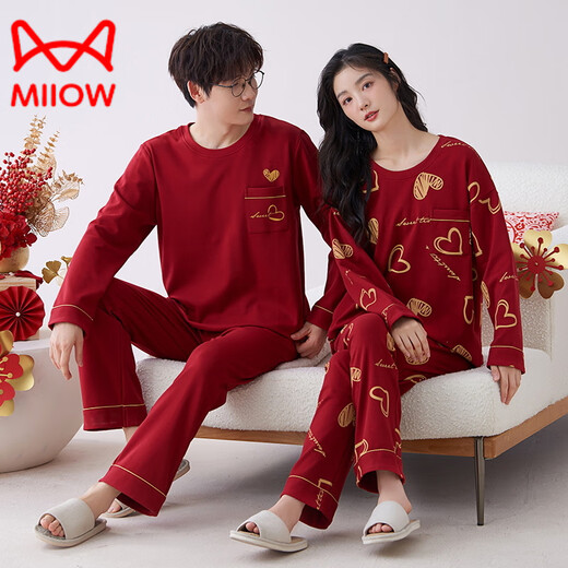 
Catman (MiiOW) new red pajamas wedding couple suit for men and women winter and autumn new pure cotton long-sleeved festive home clothes 9227 women [Double Happy] M (80 Jin [Jin equals 0.5 kg])
