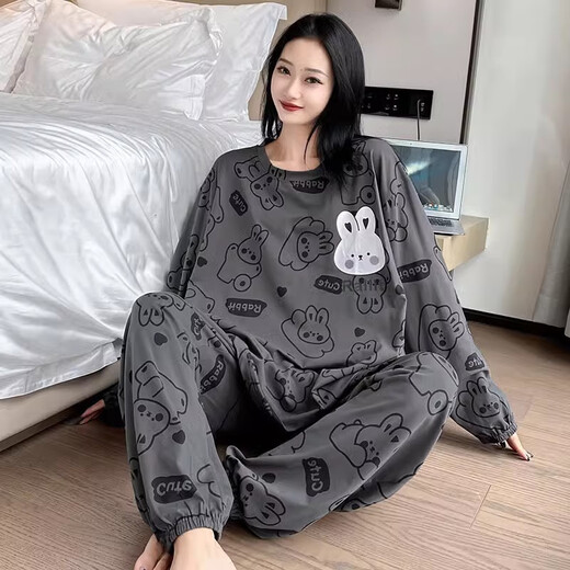 九红妃大码纯棉睡衣女200斤胖mm圆领卡通春秋长袖长裤两件套家居服秋季 6169灰色 4XL