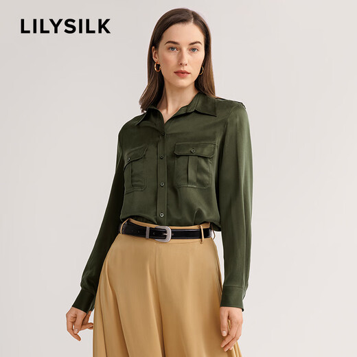 莉莉秀客 重磅衬衫女士翻领带口袋长袖高级感职场上衣GN9857 军绿色 S