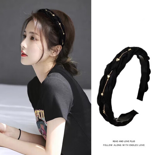 Two Worlds Happy Black Hairband Women's Silk Twist Braided Hairpin Going Out Women's High-Level Hairband Headwear Non-Slip Toothed Headband Black