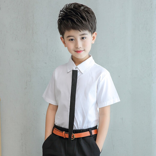 G.duck children's white shirt short-sleeved summer thin pure cotton bottoming shirt casual and handsome middle-aged and older student boy class uniform white (tie style) 130 recommended for a height of around 120