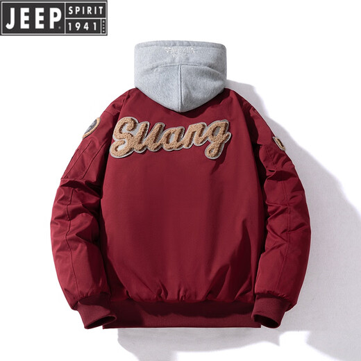 JEEP SPIRIT American retro terry embroidered baseball jacket men's autumn and winter loose bomber jacket couple wear cotton jacket spring and autumn thin. style burgundy removable hood 3XL recommended 165-195Jin Jin equals 0.5 kg