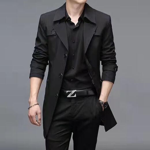 
ZMEX mid-length windbreaker men's clothing spring new single-breasted large-size jacket business casual coat thin men's jacket suit collar thin jacket black 175/92A_Suggestion 115-125Jin[Jin equals 0.5 kg]