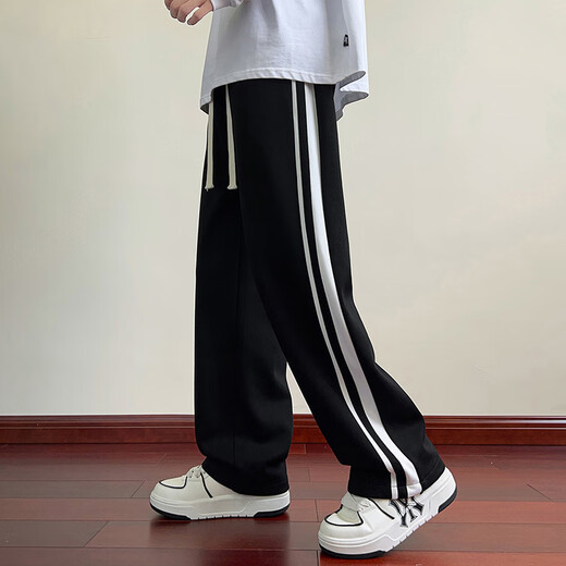 Dingfengbaoluo American straight casual pants men's autumn loose drape striped sports wide-leg trousers DFK46 black 2XL