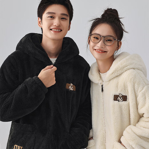 Kissing Cat Soft Velvet Hooded Couple Pajamas Women's Autumn and Winter Men's Suits Home Clothes Thickened and Can be Weared Outside 4749 Milkshake White Women's L