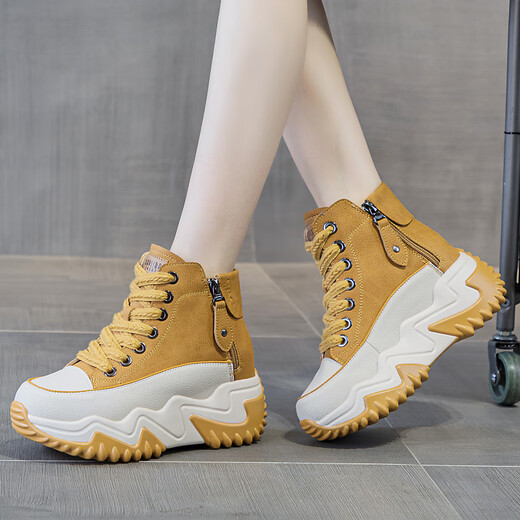 OTMX dad shoes women's casual shoes cowhide high top women's shoes 2025 spring and autumn new versatile thick-soled travel sneakers 677 red plush 35