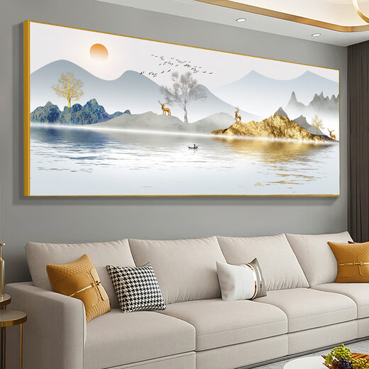 皖西秘境山水风景靠山挂画大气办公室壁画日照金山油画客厅沙发背景墙装饰 CT-3524-背靠金山 宽280cm高110cm(3.5米沙发) 【油画布】+黑铝框（5%客户选）