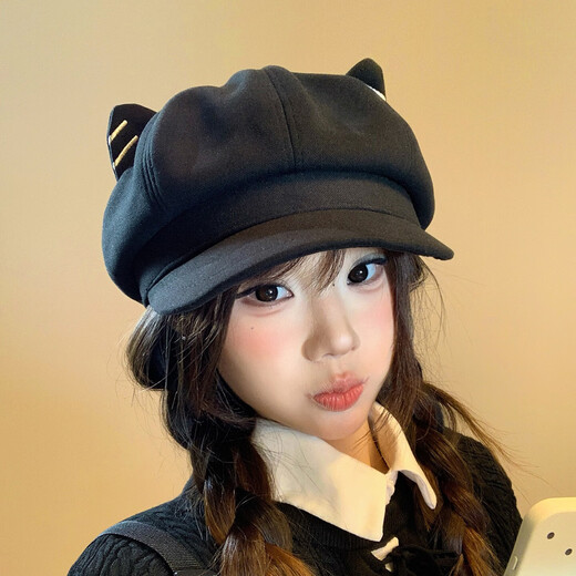 Changyin niche cute cat ear octagonal hat for women in autumn and winter, Japanese style, sweet and versatile, small literary newsboy beret, black cat ear hat, one size M (56-58cm)