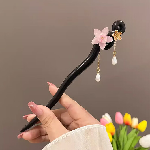 Red makeup flower hairpin for women, high-end Chinese style classical wooden hairpin, cheongsam accessories, updo hair ornaments, Christmas gifts, C1Y301 cherry blossom hairpin, 1-piece set