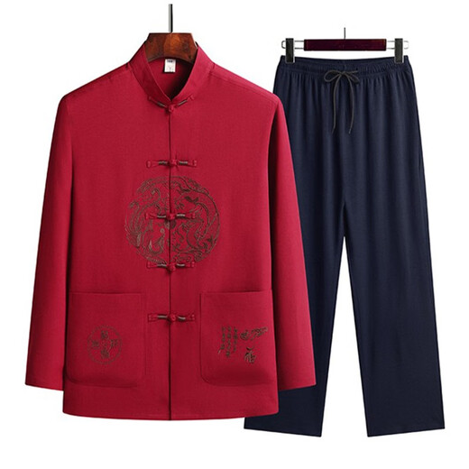 青潮尚中国风刺绣套装男中式盘扣衬衫婚礼生日祝寿礼服唐装夹克男两件套 C211红色 XL /41