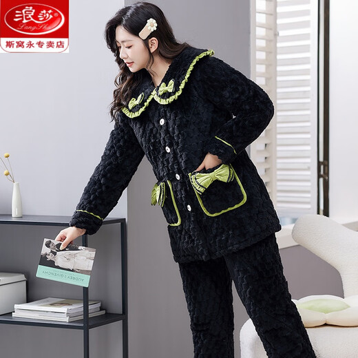 浪莎（LangSha）冬天珊瑚绒睡衣女秋冬季夹棉袄三层加厚加绒法兰绒黑色家居服套装 HL6624-浅棕口袋花 中长款夹棉 M (推荐80-100斤)