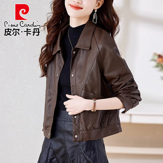 Pierre Cardin Motorcycle Leather Short Jacket Women's 2025 Spring and Autumn New Style Fashionable Small Leather Jacket Top Versatile Classic Brown M