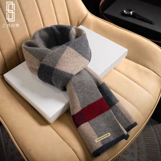 Shanghai Story pure wool plaid scarf men's autumn and winter Korean version versatile warm thickened high-end men's scarf camel
