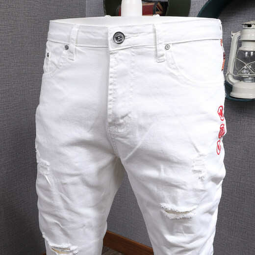 Niu Bafang Jeans blancos de otoño White White Swallowtail Slim Fees Slim Pants de nueve puntos volteados Jeans Men 869-2 White Size 30 (dos pies tres)