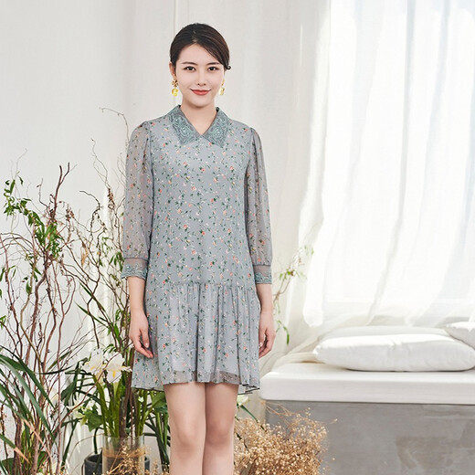 PinkMary Pink Mary Mall Sême printemps et automne Mulberry Silk Robe Floral Jupe à manches longues PMALS5009 Retro Green XS