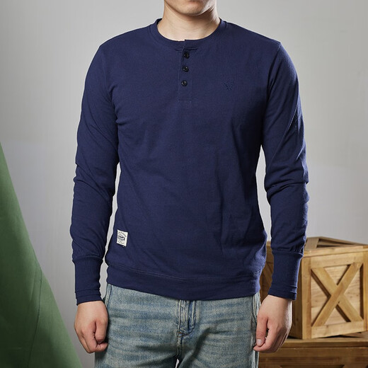 AK ARMY high-end pure cotton men's long-sleeved T-shirt spring and autumn new AK ARMY khaki Henry collar casual all-match base shirt navy blue S