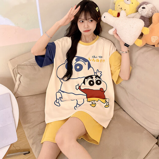 俊俊穗迪美睡衣女夏季纯棉短袖薄款可爱卡通加肥加大码200斤女士家居服套装 短-WB1343条纹芝麻 3XL 加大码（170-190斤）