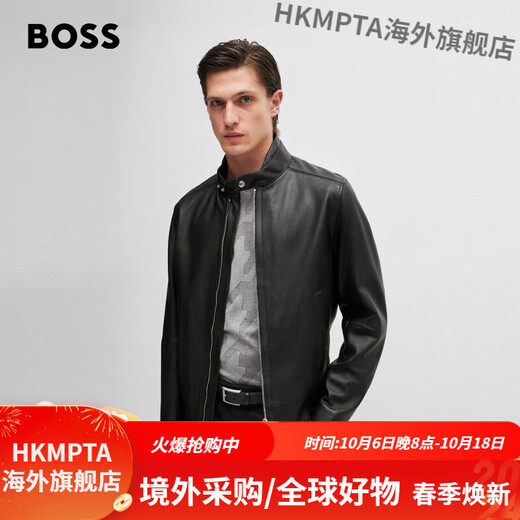 BOSS Men's Autumn 2024 New Regular Fit Sheep Leather Motorcycle Jacket Leather Jacket 001-Black 46