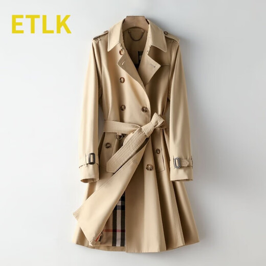 ETLK 2025 spring and autumn new high-end double-breasted temperament lace-up small classic mid-length windbreaker jacket for women Khaki-medium/long/style (mainly recommended length) L (110-120Jin Jin is equal to 0.5 kg) shoulder width 38