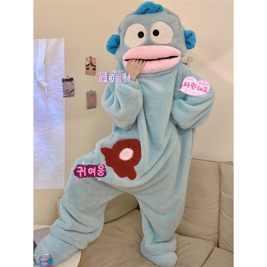 YIMENGTO Yimen Camel Ugly Fish Cute Funny One-piece Couple Pajamas Women's Autumn and Winter Thickened Coral Fleece Hooded Men's Large Size Home Clothes JS Velvet #B706 Single Jumpsuit + Shoes S 150-160