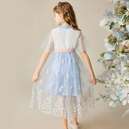 ASK JUNIOR Girls' Dress Summer Medium and Old Children's Retro Hanfu Skirt Thin Children's Short-Sleeved Mesh Princess Dress Blue