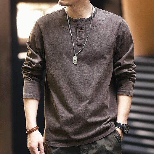 Chaotishi high-end retro long-sleeved t-shirt for men in autumn loose large size pure cotton tough guy casual Henry collar bottoming shirt top mocha brown L 130-145Jin Jin is equal to 0.5 kg
