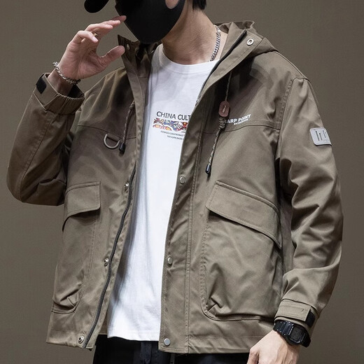 JEEP SPIRIT hooded jacket men's summer work top outdoor sports retro casual jacket 1502 black plus cotton L
