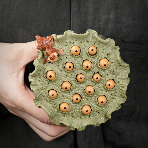 Jingfeng Pavilion Yixing original purple sand bean green mud goldfish lotus seed tea pet ornaments Senior engineer Jiang Jufang pure handmade tea ceremony accessories goldfish lotus seed bean green mud tea pet