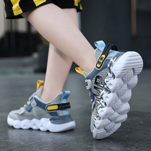 
Children's shoes boys' sneakers summer breathable elementary school student dad shoes middle child trendy casual boy running gray blue double net 34